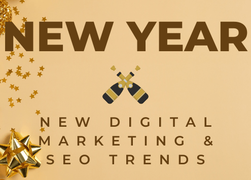 Graphic showing New Year party favors with the caption "New Digital Marketing & SEO Trends