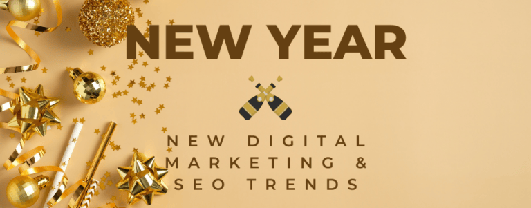 Graphic showing New Year party favors with the caption "New Digital Marketing & SEO Trends