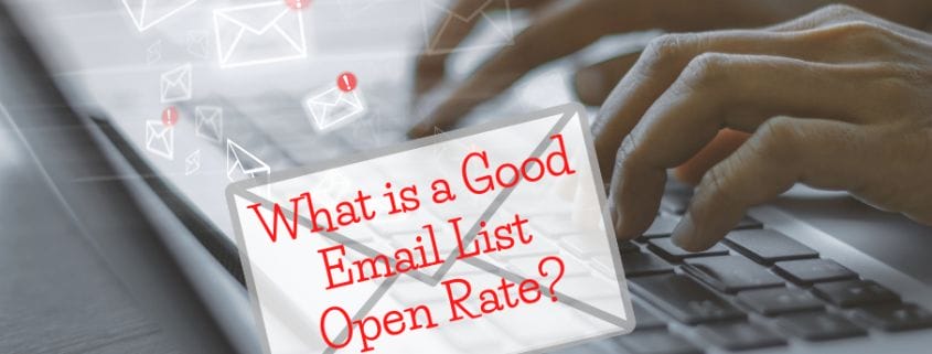 Graphic with hands typing on a laptop with the caption "What is a good email list open rate?"