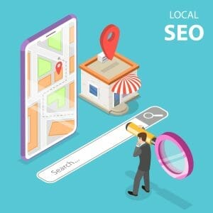Local SEO graphic with a cartoon man holding an oversized magnifying glass