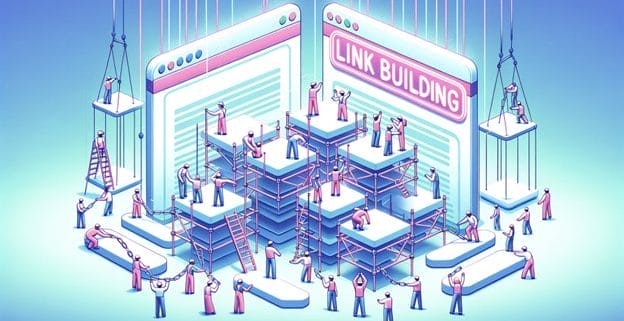Graphic illustration showing a construction crew working on a Link Building platform.