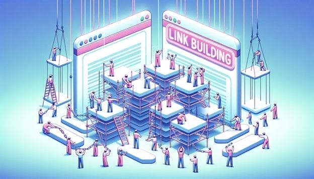 Graphic illustration showing a construction crew working on a Link Building platform.