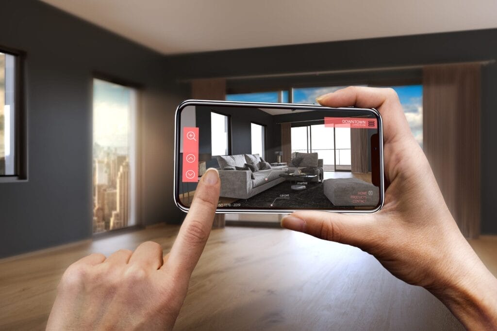 Augmented reality example of furniture in empty living room on mobile phone