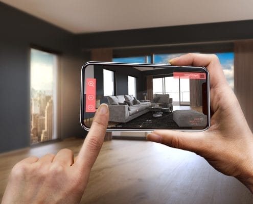 Augmented reality example of furniture in empty living room on mobile phone