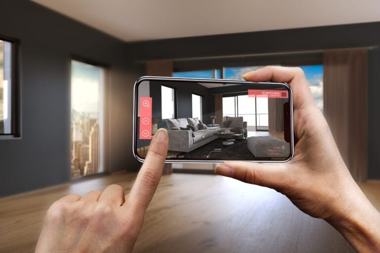 Augmented reality example of furniture in empty living room on mobile phone