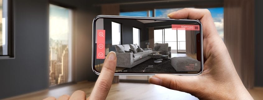 Augmented reality example of furniture in empty living room on mobile phone