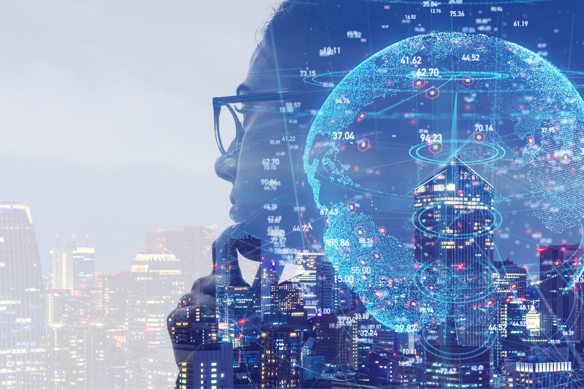 Composite image of a woman in glasses over a nighttime cityscape and a stylized globe