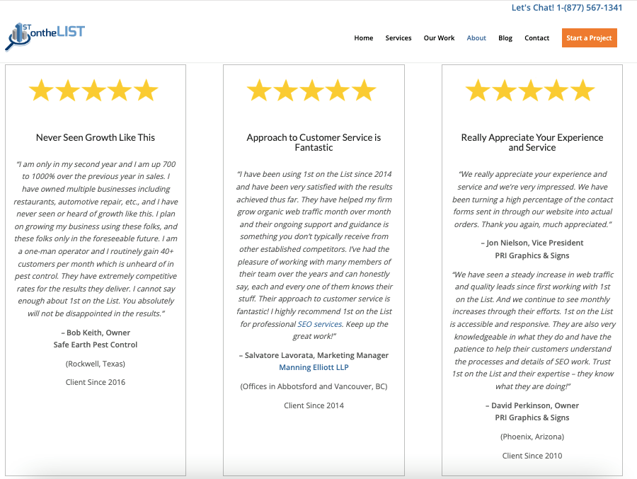 Three examples of 5 star reviews for local businesses.