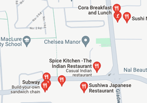 Close up of a Google map showing local restaurant locations.