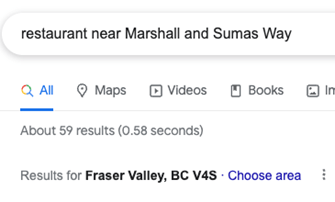 Screenshot showing 59 results to a Google search for a restaurant near Marshall and Sumas Way.