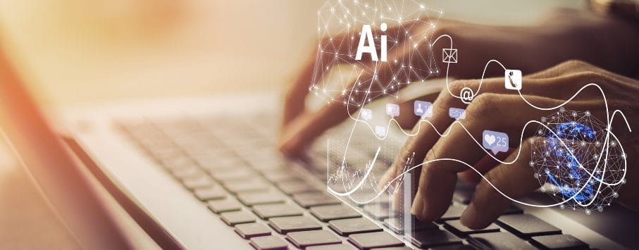 Hands typing on a keyboard with digital elements, including AI, email, and social media icons, overlaying the image, representing technology and communication. Warm lighting creates a modern and dynamic atmosphere.