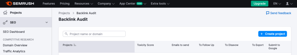 Screenshot of SEMRush backlink audit