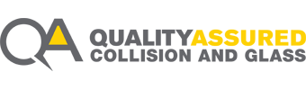 Logo for "Quality Assured Collision and Glass" featuring large stylized letters "QA" in gray, with a yellow triangle inside the letter "A." The text "QUALITY ASSURED" is in bold, with "ASSURED" in yellow and the rest in gray.