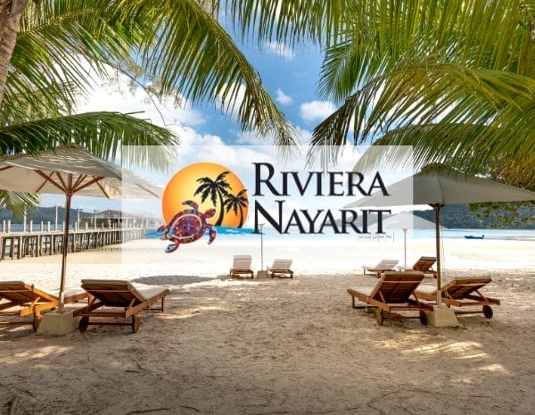 Tropical beach scene with palm trees and several lounge chairs under umbrellas on the sand. A wooden pier extends into the clear blue water. Superimposed text reads "Riviera Nayarit" with a sun and turtle logo.