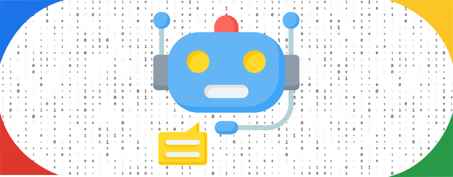 Illustration of a blue robot with yellow eyes and a red antenna against a background of binary code. The robot has a headset and a speech bubble. The borders have red, blue, and yellow arcs.