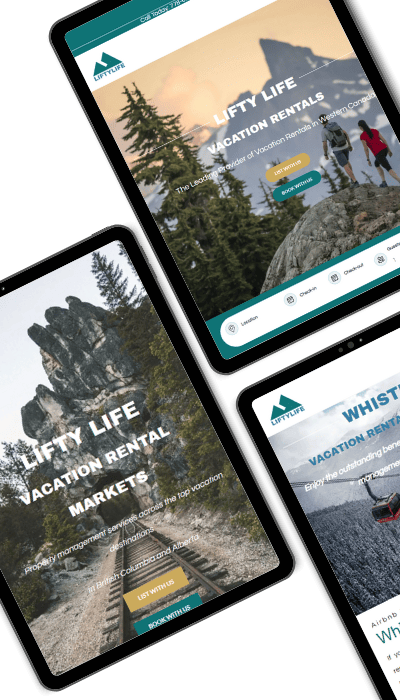 Three digital screens displaying a vacation rental website with images of scenic landscapes, including mountains and trees. The interface shows options for vacation rentals, property management, and booking services.