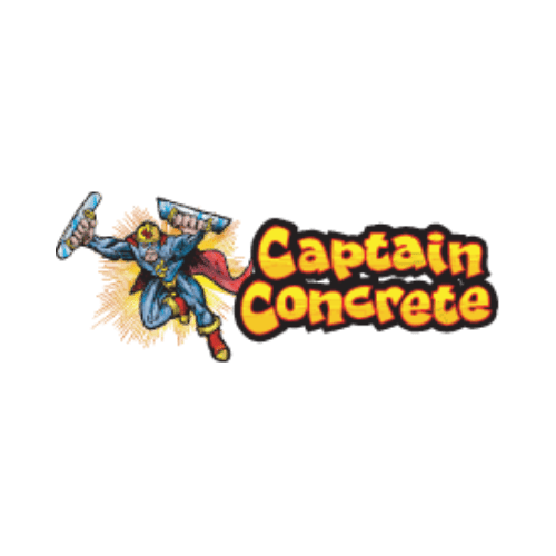 Image of a superhero in a blue and yellow costume flying with tools in each hand. "Captain Concrete" is written in bold, orange, comic-style letters next to the superhero.