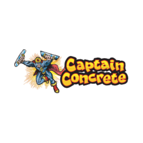 Image of a superhero in a blue and yellow costume flying with tools in each hand. "Captain Concrete" is written in bold, orange, comic-style letters next to the superhero.