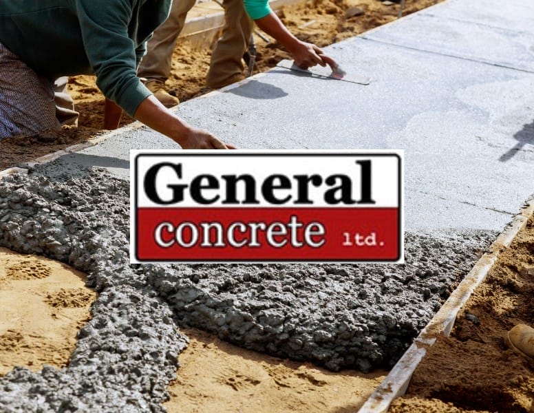 Workers smoothing wet concrete on a pathway, with a "General Concrete Ltd." logo overlaid on the image.