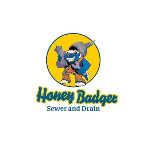 Cartoon honey badger wearing overalls and boots, holding a large wrench and a pipe. Blue circular background with "Honey Badger Sewer and Drain" text below in stylized font.