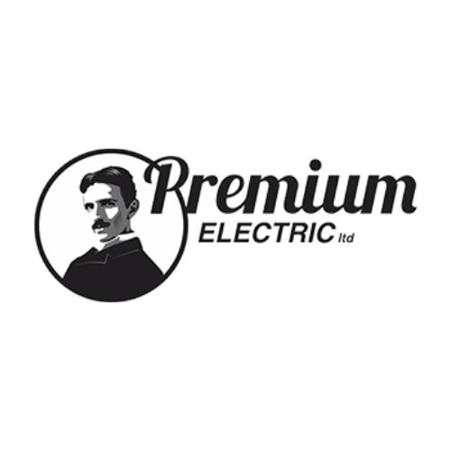 Logo of Premium Electric Ltd featuring a monochrome illustration of a man with a mustache inside a circle, followed by the company name in stylized font.