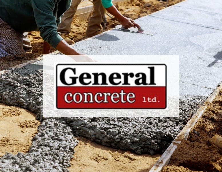 Two workers smooth wet concrete on a construction site. The logo for "General concrete ltd." is superimposed in the center of the image.