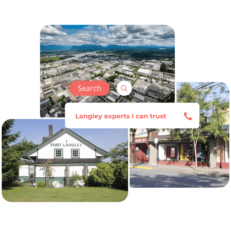 Collage of three images: an aerial view of Langley with a "Search" overlay, a historic building labeled "Fort Langley," and a small-town street with shops. There's a text overlay reading "Langley experts I can trust.