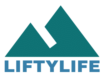 A teal mountain logo with a geometric design, resembling two peaks and a vertical cutout. Below the mountain, the text "LIFTYLIFE" is written in bold blue capital letters. The design suggests themes of elevation and outdoor adventure.