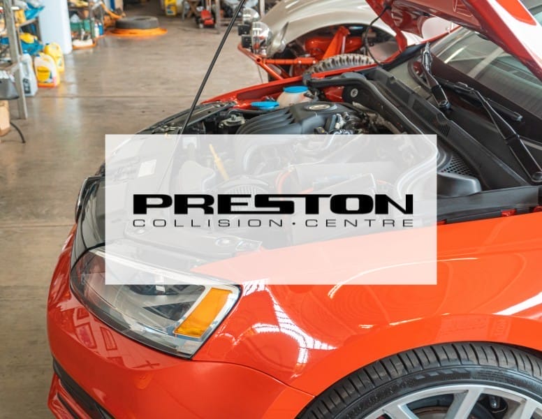 A red car with its hood open is in a repair shop, surrounded by tools and car parts. The words "Preston Collision Centre" are prominently displayed over the image.