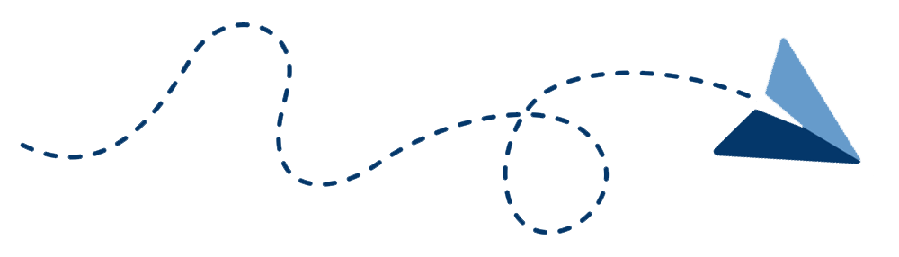 A curved, dashed arrow in a dark blue color leading to a stylized, gradient blue arrowhead pointing to the right.