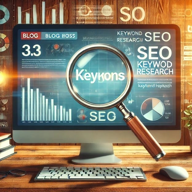 A computer screen displays graphs, charts, and SEO-related keywords. A large magnifying glass focuses on the word "Keywords." The background has wooden textures. The atmosphere suggests digital marketing and keyword research themes.