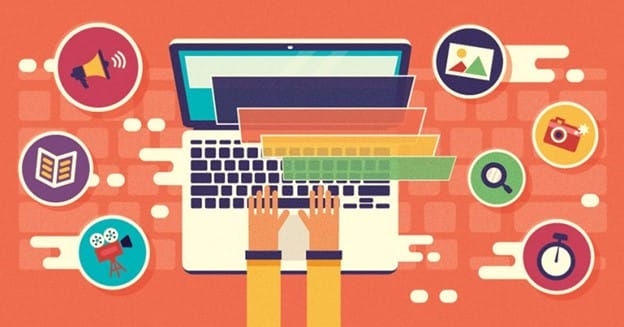 Illustration of hands typing on a laptop with colorful layers emerging from the screen. Surrounding icons represent media and tools: a megaphone, photos, book, film camera, magnifying glass, and a stopwatch, all on an orange background.