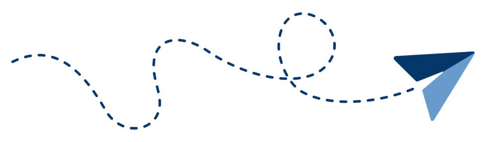 A simple illustration of a blue paper plane with a dotted trail curving behind it, symbolizing motion and travel on a white background.