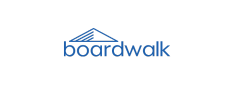 Logo featuring the word "boardwalk" in blue lowercase letters, accompanied by a stylized blue triangular graphic resembling a boardwalk or roof above the text. The background is white.