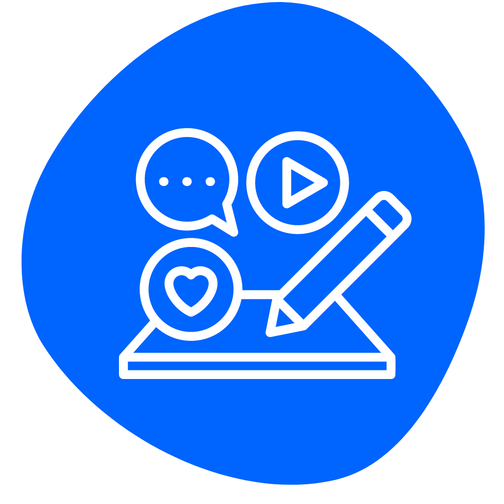 Icon on a blue background featuring a stylized pencil pointing to a tablet, with symbols of a speech bubble, play button, and heart above, representing writing and multimedia content.