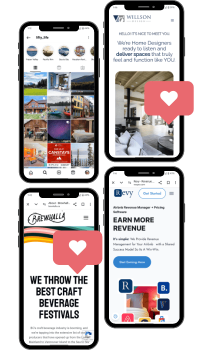 A collage of four smartphone screens showing different apps or websites. Each screen has a heart-shaped icon, suggesting likes or favorites. The content includes home design, social media, craft beverage festivals, and revenue management topics.