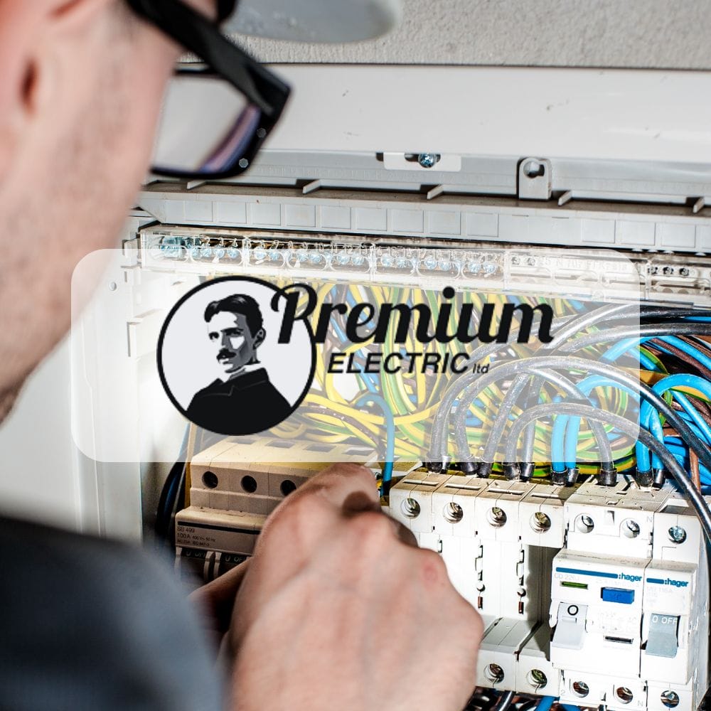 A person wearing a hat and glasses is working on an electrical panel filled with colorful wires. A logo for "Premium Electric Ltd" featuring a silhouette of a man is prominently displayed over the image.