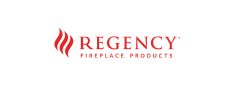 Logo of Regency Fireplace Products. The logo includes the word "Regency" in bold red letters, accompanied by a stylized flame on the left side.