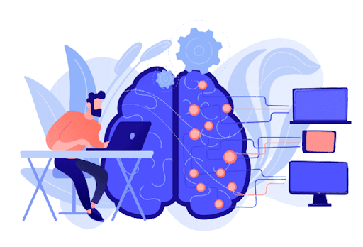 Illustration of a person working on a laptop at a desk. Beside them, a large brain is shown with connecting lines leading to three monitors, symbolizing neural networks or AI technology. Background features abstract leaves and gears.