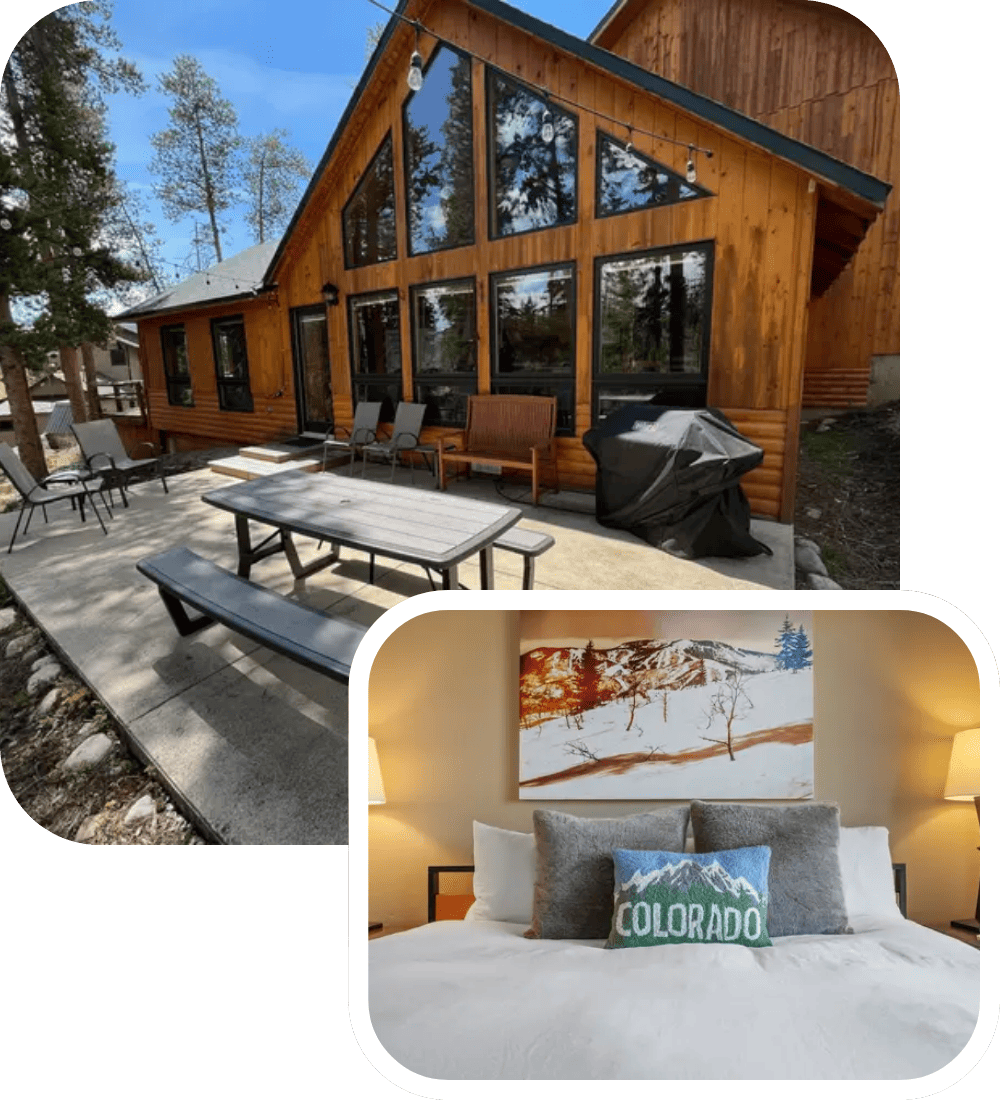 A wooden cabin with large windows, a patio with outdoor furniture, and a grill. Inset shows a cozy bedroom with a bed, pillows, and a painting of mountains, with a pillow displaying "Colorado.