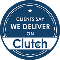 Blue circular badge with a white star at the top. Text inside reads, "Clients say we deliver on Clutch." The word "Clutch" is bold and prominently displayed at the bottom.