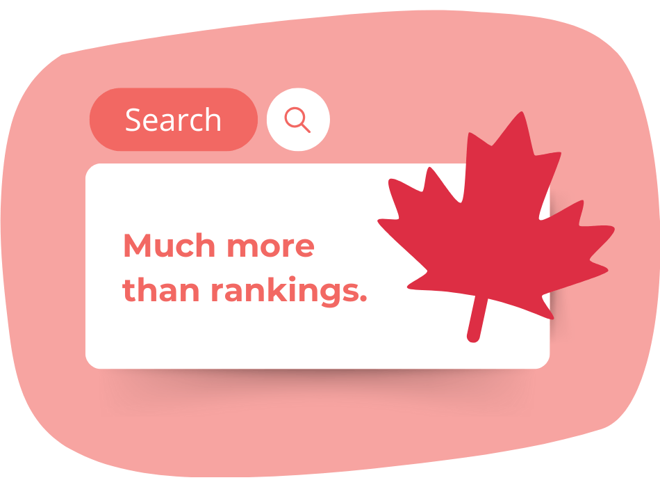 Search bar with "Much more than rankings" text, accompanied by a red maple leaf graphic on a red background.