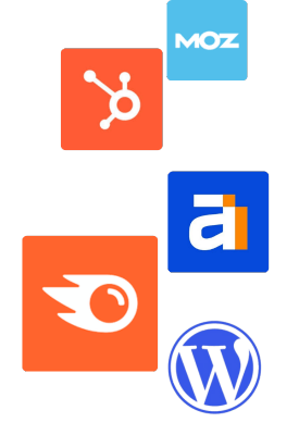 Logos of various digital marketing tools: Moz (light blue with white text), HubSpot (orange with white hub graphic), Ahrefs (blue with 'a' and orange bar), Semrush (orange with white flame), and WordPress (dark circle with 'W').