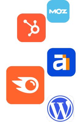 Logos of five digital marketing tools: HubSpot, Moz, Ahrefs, Semrush, and WordPress, arranged in a cluster. Each logo is distinct with unique colors and designs representing the respective brands.