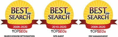 Three circular badges with the text "Best in Search" are displayed. Below them, ribbons read "Search Engine Optimization 2008-2020," "Site Audit 2010-2020," and "PPC Management 2008-2020." The name "TopSEOs" is at the bottom of each badge.