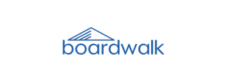 Logo with the word "boardwalk" in blue lowercase letters. Above the text is a triangular design composed of five slanted lines, resembling a stylized roof or pathway. The background is white.