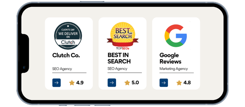 A smartphone screen displays three award badges. Left: Clutch Co., SEO Agency, 4.9 stars. Middle: Best in Search, TOPSEOs, SEO Agency, 5.0 stars. Right: Google Reviews, Marketing Agency, 4.8 stars.
