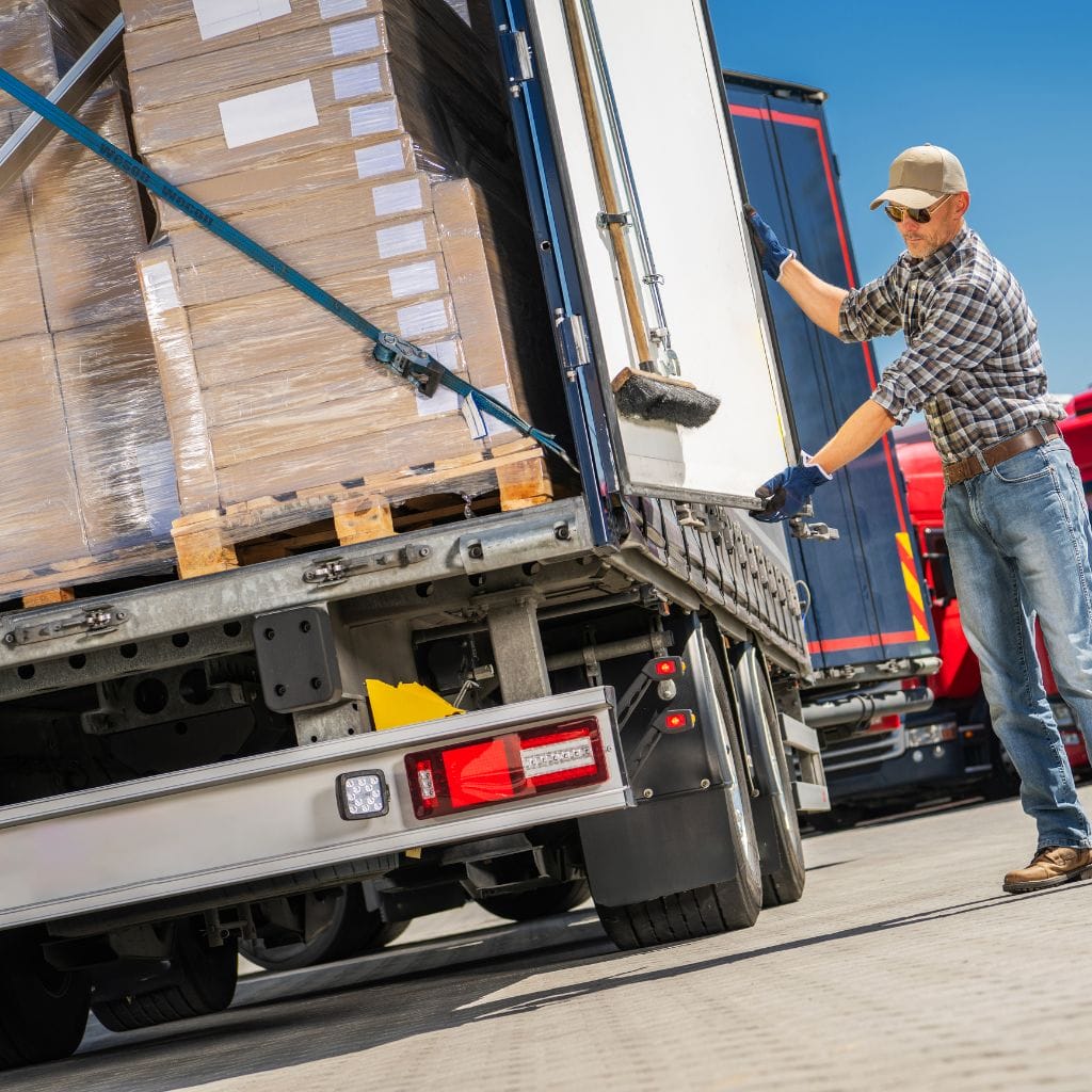 A worker in a cap and sunglasses secures the back of a truck loaded with palletized boxes. The truck is parked on a concrete lot with a clear blue sky in the background.