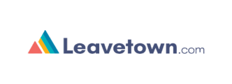 Logo of Leavetown.com featuring a stylized mountain with colorful layers in orange, yellow, green, and blue to the left of the website name in blue text.