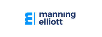 Logo of Manning Elliott featuring a stylized "E" in blue on the left and the name "manning elliott" in lowercase, blue letters on the right.